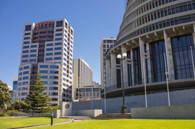 The Beehive and High Rise buildings in downtown Wellington from the front lawn