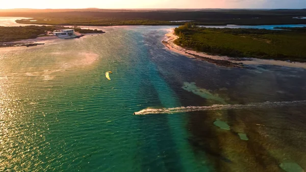 Aerial Drone Shot Kite Surfer Surfing Alone Ocean Waters Sunset — Stock fotografie