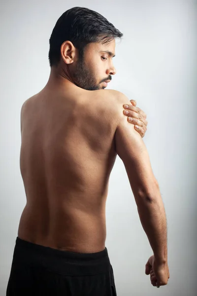 Joint Pain Arthritis Tendon Problems Man Holding Shoulder Inflammation White — Stockfoto