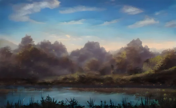 An illustration of a painting of a small lake on the background of forest in the evening