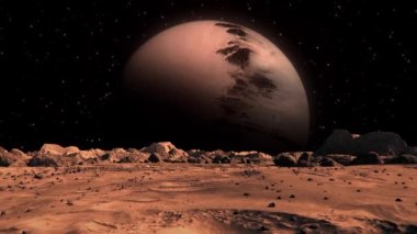 Beautiful footage of a space planet seen from Mars with small rocks and red sand