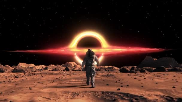 Render Astronaut Walking Surface Mars Supermassive Black Hole Front — Stock videók