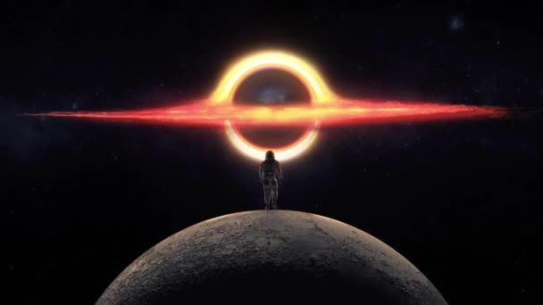 Render Astronaut Walking Moon Supermassive Black Hole Shining Front Him — Video