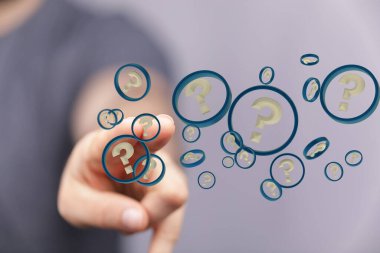 A hand pointing to the 3D rendered question marks