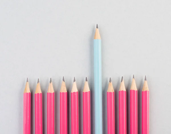 Pink pencils in a row, one blue pen is standing out, be different, leadership and teamwork concepts