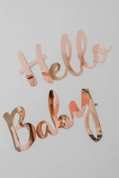 Vertical Closeup Shot Rose Gold Hello Baby Sign Baby Shower — Stock Photo, Image