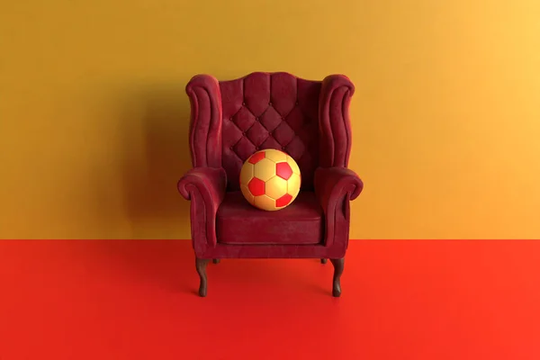 3d illustration. 3d rendered illustration of a red an yellow soccer ball on red velvet armchair yellow and red background
