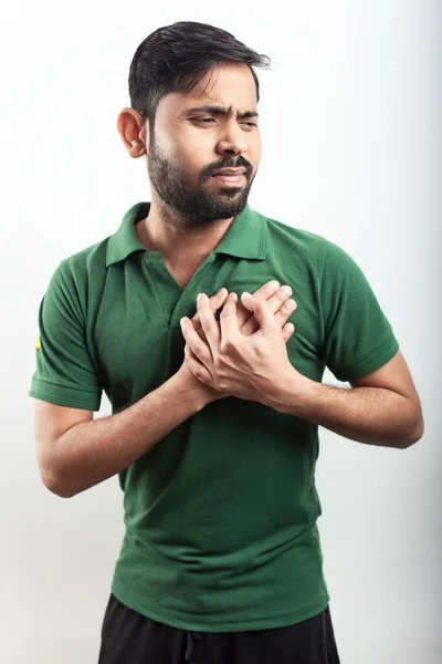 Man Clutching His Chest Worried Face Having Heartache Heart Attack — Stock Photo, Image