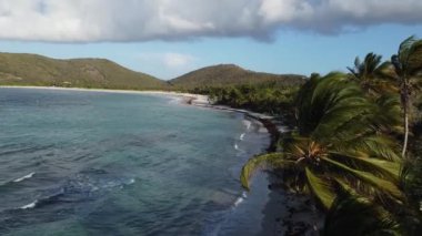 A drone footage of a body of water with the waves hitting the forested shore on the