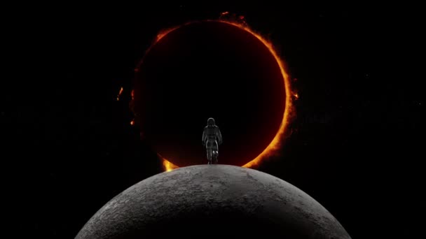 Footage Brave Astronaut Space Suit Confidently Walking Moon Sun — Videoclip de stoc