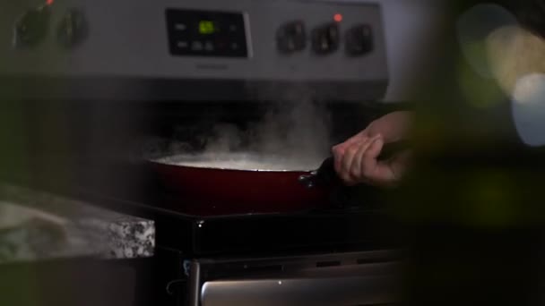 Closeup Shot Chef Mixing Food Pan Gas Stove — Stockvideo