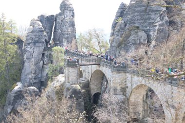 A scenic view of Bashtai rock formation and a bridge covered with trees on a sunny day in Germany