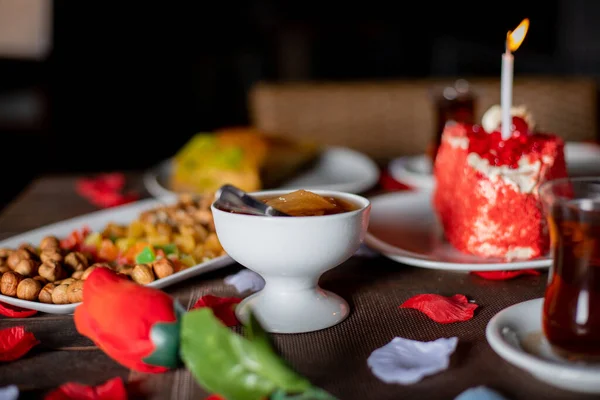 Restaurant Table Served Tea Sweets Romantic Birthday Night — Stock Photo, Image