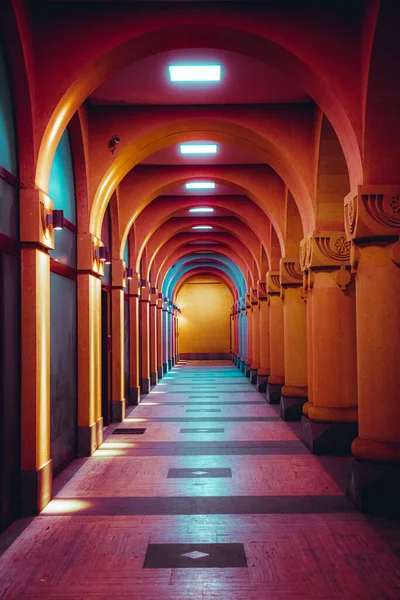 Vertical View Illuminated Arcade Hall Supported Columns — Stockfoto