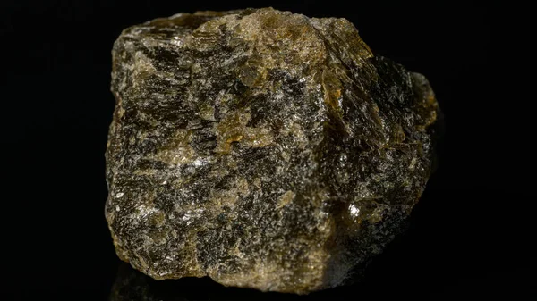 Closeup Golden Quartz Mineral Pyrites Isolated Reflective Black Surface — Stock Photo, Image