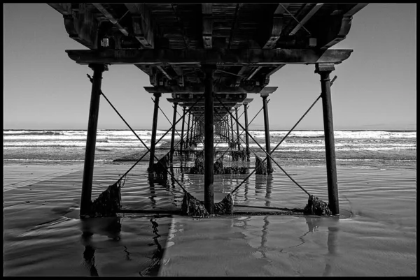 Grayscale Shot Pier Bottom Sea Sky — Stock fotografie