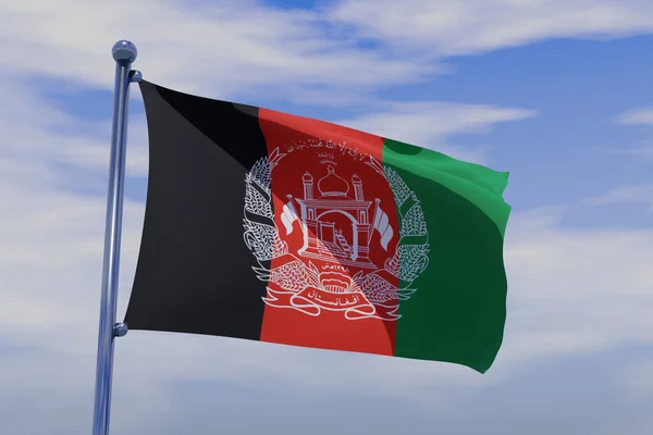 Render Illustration Flag Afghanistan Chrome Pole Blue Sky Waving Wind — Stock Photo, Image