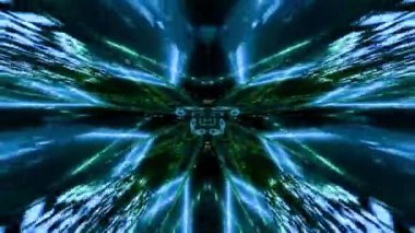 A blue 3D kaleidoscope rendering with rapid motion through the abstract space
