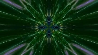 A 3D stream through a kaleidoscope tunnel with sparkling elements in green tones. Moving forward and backward in dark space
