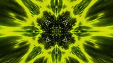A 3D kaleidoscopic dynamic futuristic animation with green glowing laser neon lights