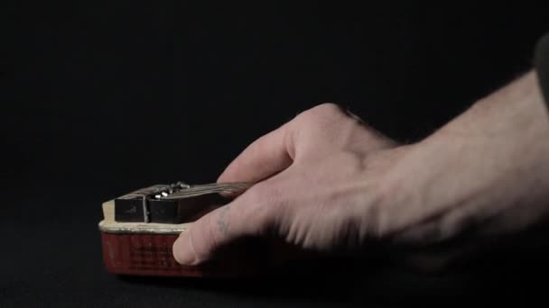 Hand Playing Diy Handmade Kalimba Made Out Vintage Can Sardines — Wideo stockowe