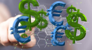 A hand pointing to a 3D rendered pack of dollar and euro money symbols