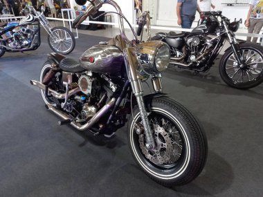 Avellaneda, Argentina - Dec 5, 2021 - shot of a silver classic Harley Davidson American motorcycle. Expo Wheels 2021 motorbikes show.