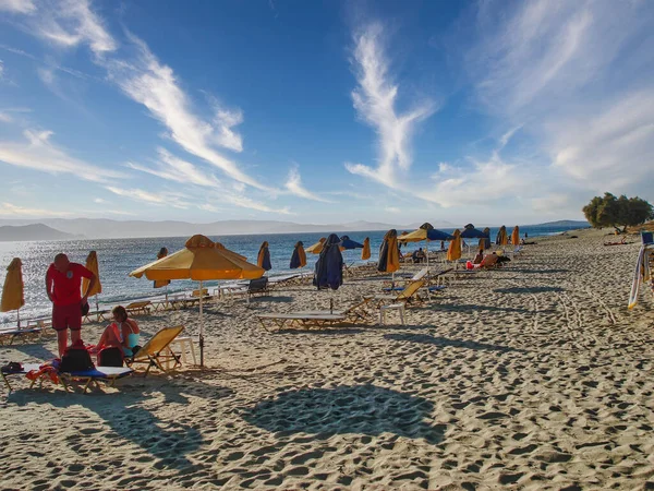 Naxos Island Greece April 2010 Umbrellas Beautiful Sandy Agia Anna — Photo