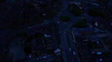 An aerial drone footage of the town of Bedford during the sunset