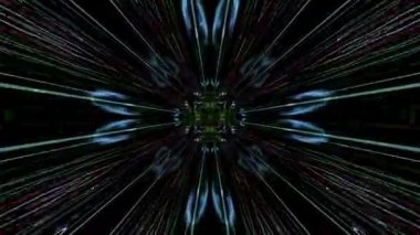 A 3D stream through a kaleidoscope tunnel with sparkling elements. Moving forward and backward in dark space