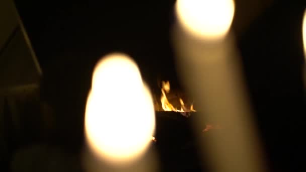 Shallow Focus Woods Burning Fire Flames Candles — Αρχείο Βίντεο