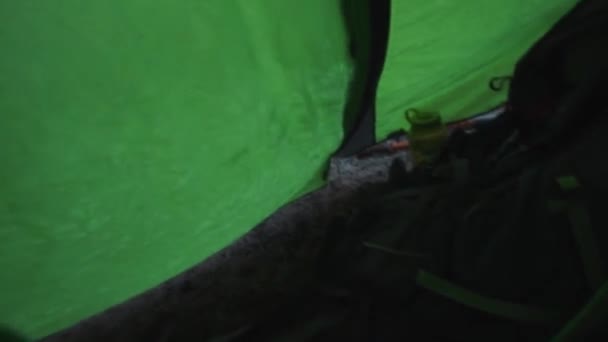 Opening Tent Flap Sunrise Mountains — Vídeo de Stock