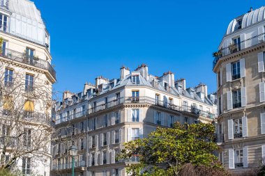 Paris, tipik cephe ve pencereler, güzel bir bina, eski çinko çatıları var.