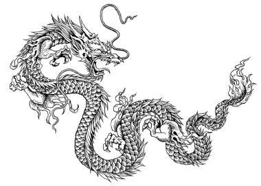 A digital black white tattoo illustration of a dragon