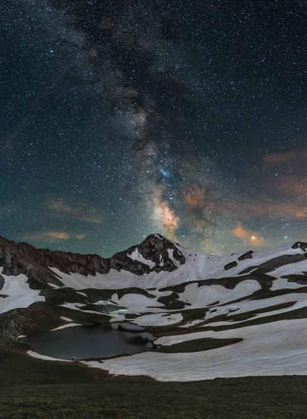 Beautiful Night Landscape Milky Way Small Alpine Lake — 스톡 사진