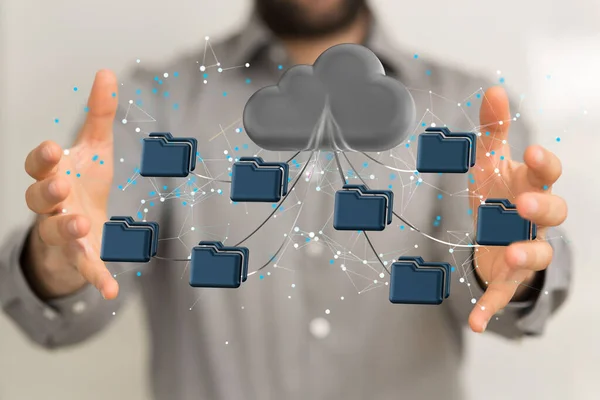 Businessman Holding Digital Render Global Cloud Network Data —  Fotos de Stock