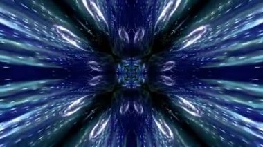 A 3D kaleidoscope tunnel with sparkling elements in the dark space. Moving forward and backward