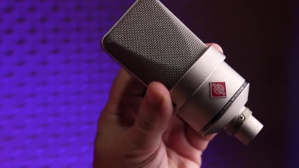 Closeup Neumann Tlm 103 Microphone Purple Background — Video Stock