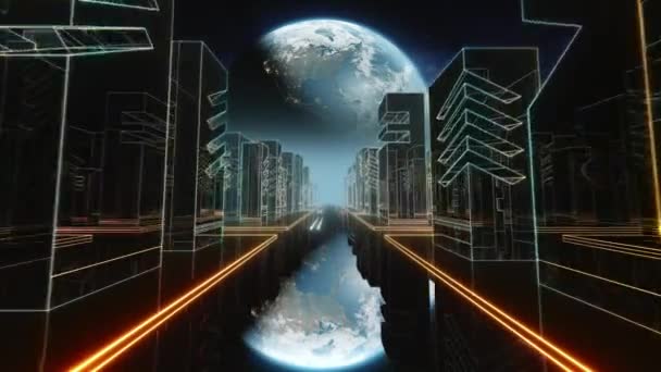 背景に地球とのシームレスなループのレトロな未来のサイエンスフィクションの夜の都市の3Dアニメーション — ストック動画