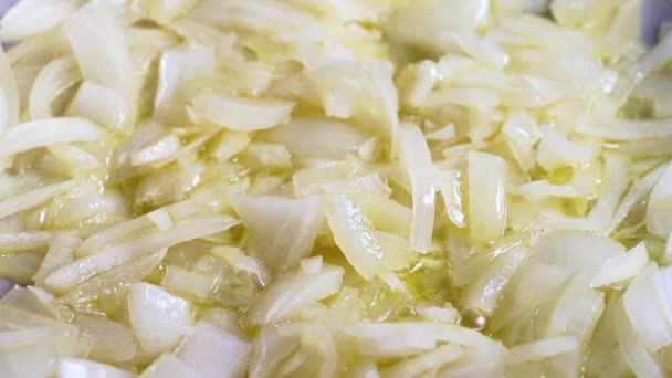 Frying White Sliced Onion Oil Cooking Pan — Wideo stockowe