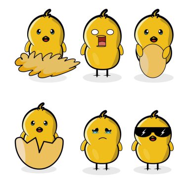 A set of funny chickens illustration with different facial emotions isolated on white background