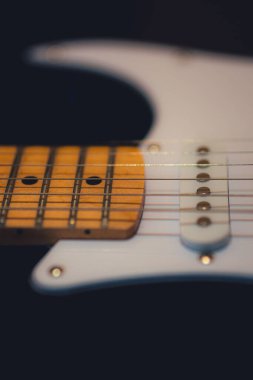 A vertical closeup shot of details on the strings of an electric guitar