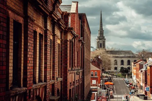 Aerial Shot Side View Old Red Brick Building Gothic Church — Foto de Stock