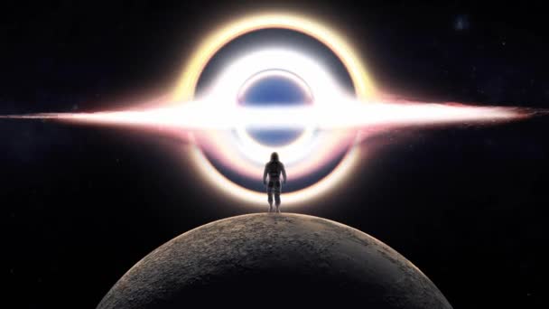 Візуалізація Сміливого Астронавта Йде Місяць Блискучою Надмасивною Чорною Дірою Спереду — стокове відео