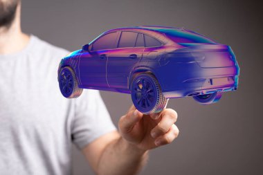 Elektrikli araba hologramının arkadan elle çizimi elektrikli arabalar, gelecek ve güvenlik kavramı.