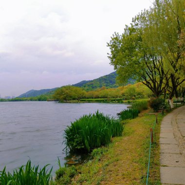 A walkway near lake surrounded by greenery fields and trees in background of mountains