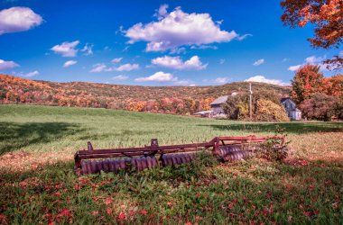 A beautiful view of a classic agriculture machinery on the grass in a farm with red tree and blue sky