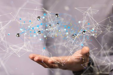 A touching an abstract network with lines and dots, organization, network and team concept