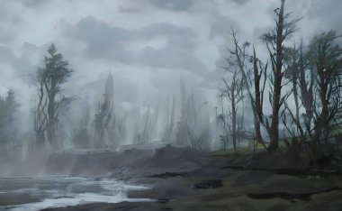 A beautiful painting of a lake surrounded by leafless trees on a gloomy foggy day