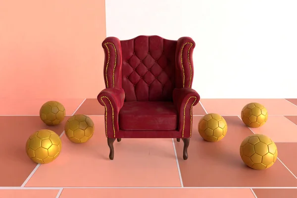 3D渲染红色天鹅绒耳椅周围有六个金球 — 图库照片